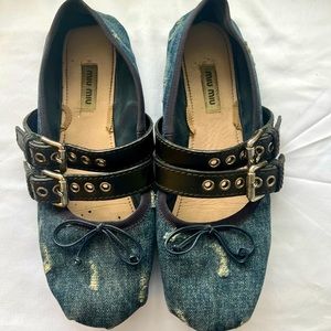 Miu Miu Bow Accents Mary Jane Flats Distressed Denim